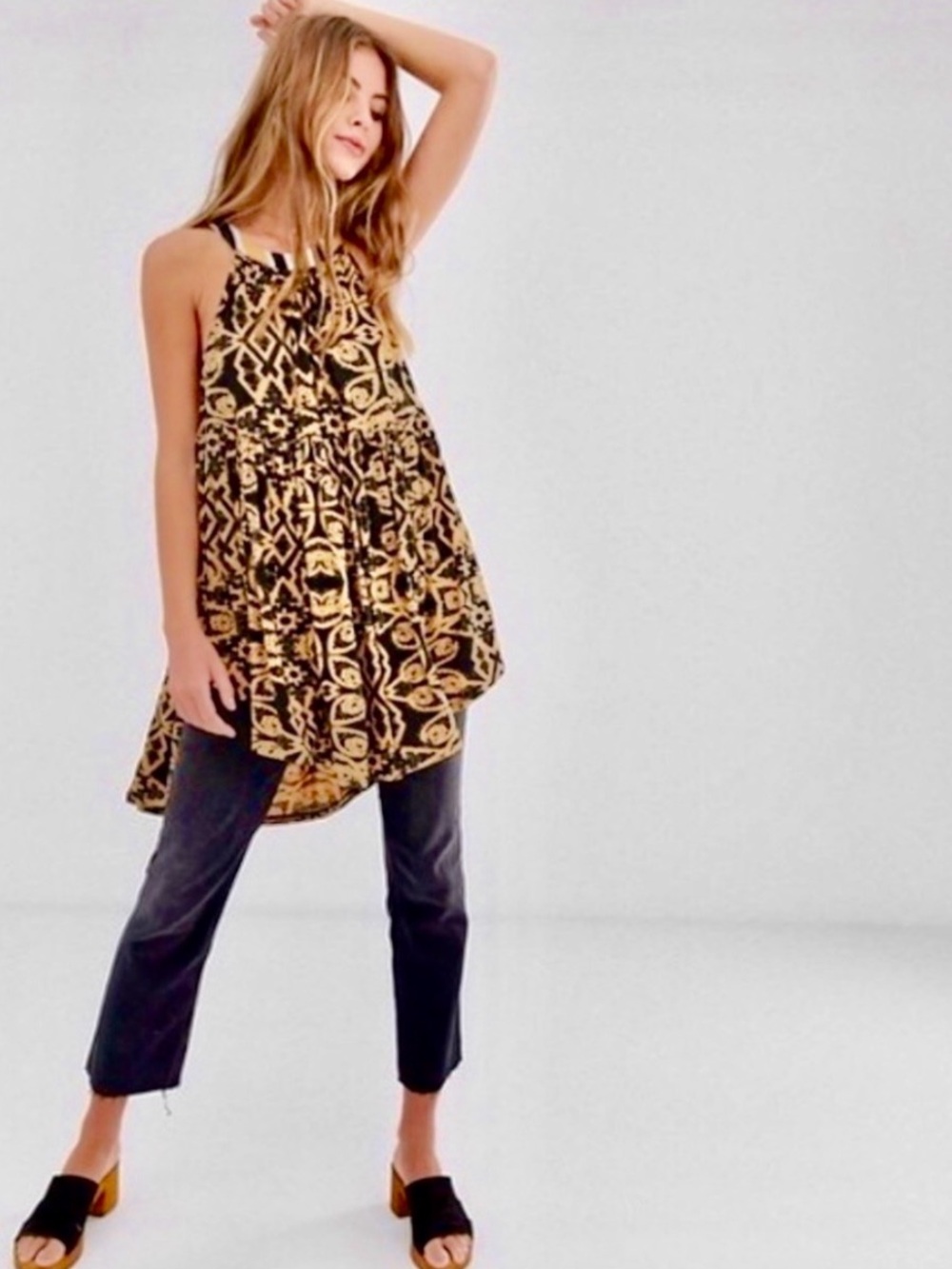 Free People Black and Gold BOHO Casual Print Top ⭐️NWT⭐️